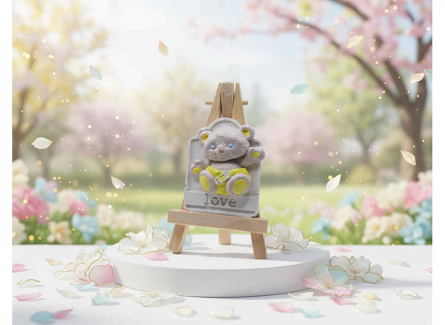 Mărturie ursuleț ceramic 
Love, prezentare pastel cu jucării și baloane