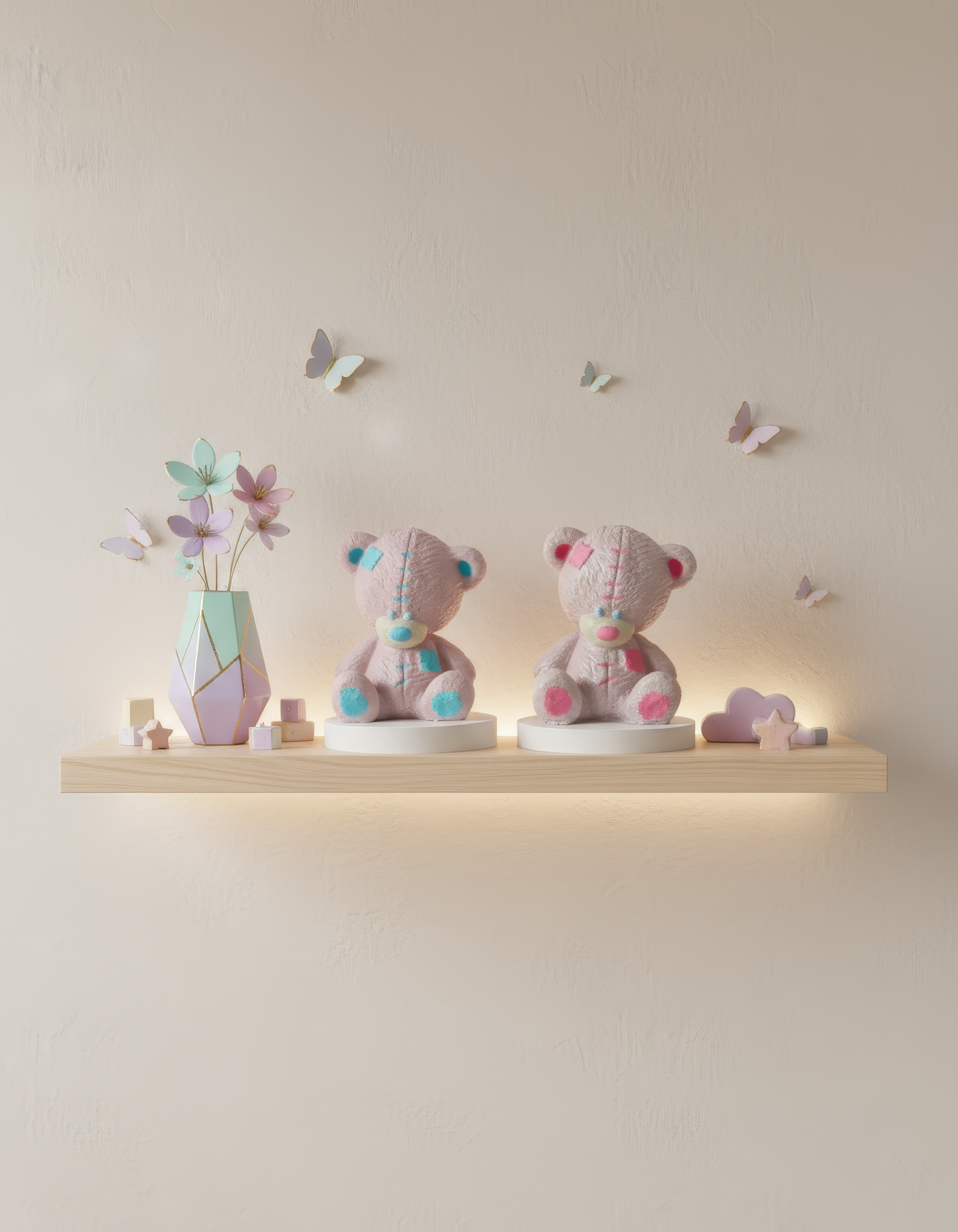 Mărturie ceramică ursuleț roz cu accente albastre, 
handmade, pictat manual