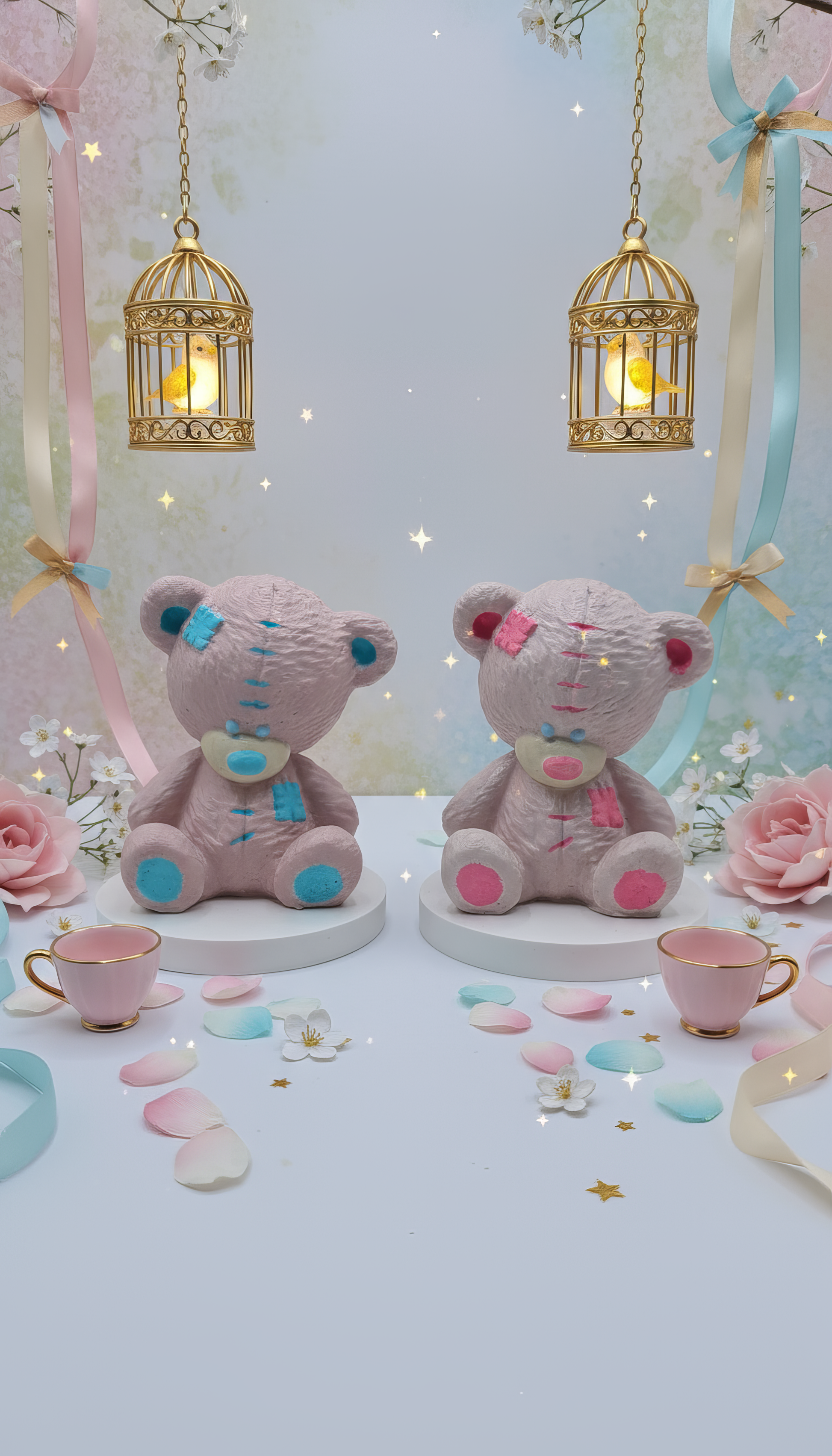 Mărturie ceramică ursuleț roz cu detalii albastre, decor 
pastel