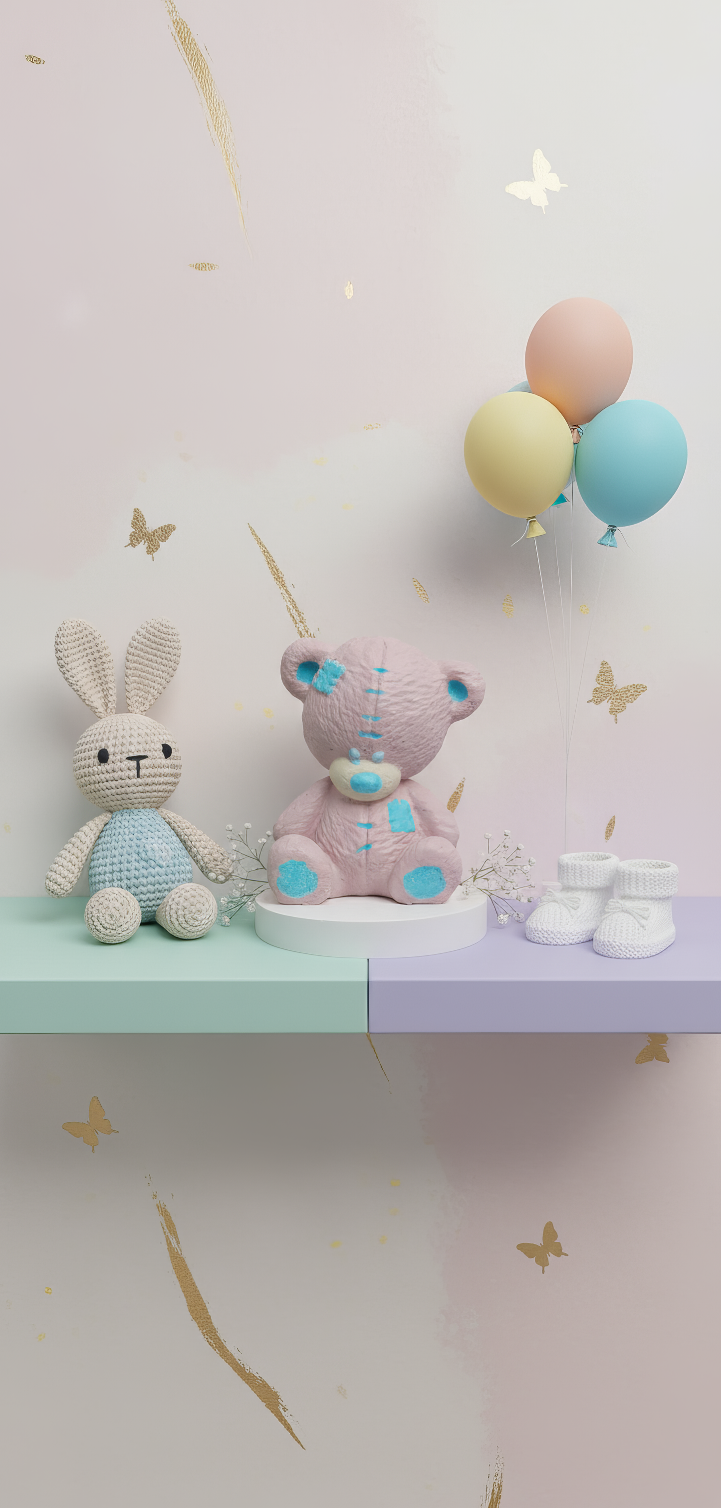 Ursuleț roz-albastru ceramic, figurina decorativă pentru 
botez sau baby shower
