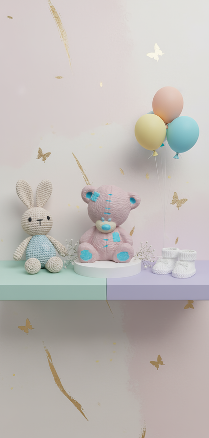 Ursuleț roz-albastru ceramic, figurina decorativă pentru 
botez sau baby shower