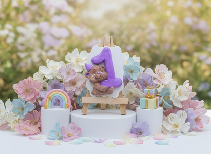 Amintire botez ursuleț cu cifra 1, decor pastel cu flori și cadouri