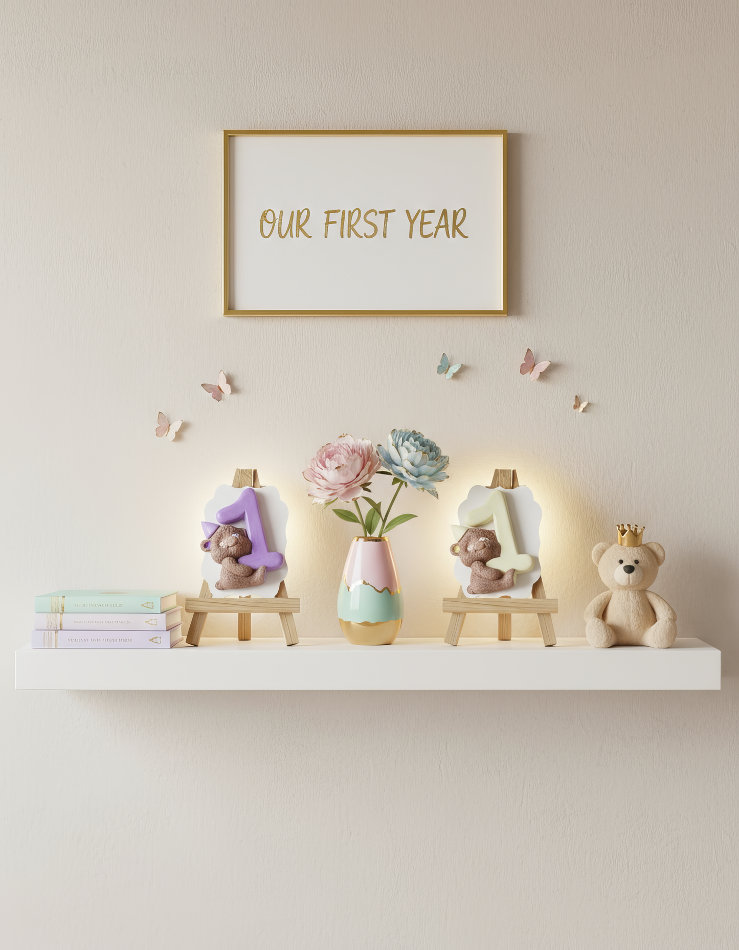 Magnet ceramic ursuleț cu cifra 1 mov, handmade, pictat manual