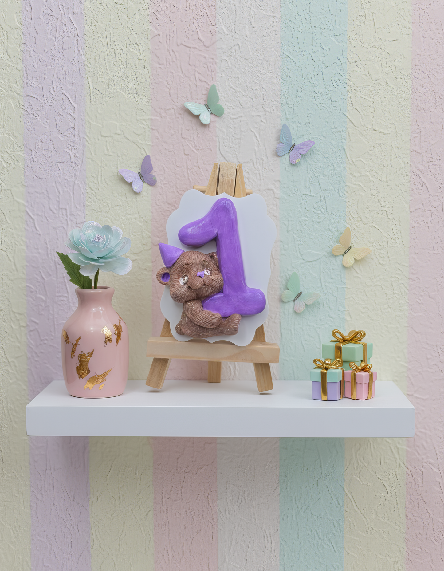 Mărturie ceramică ursuleț cu cifra 1 mov, aranjament 
aniversar sau baby shower