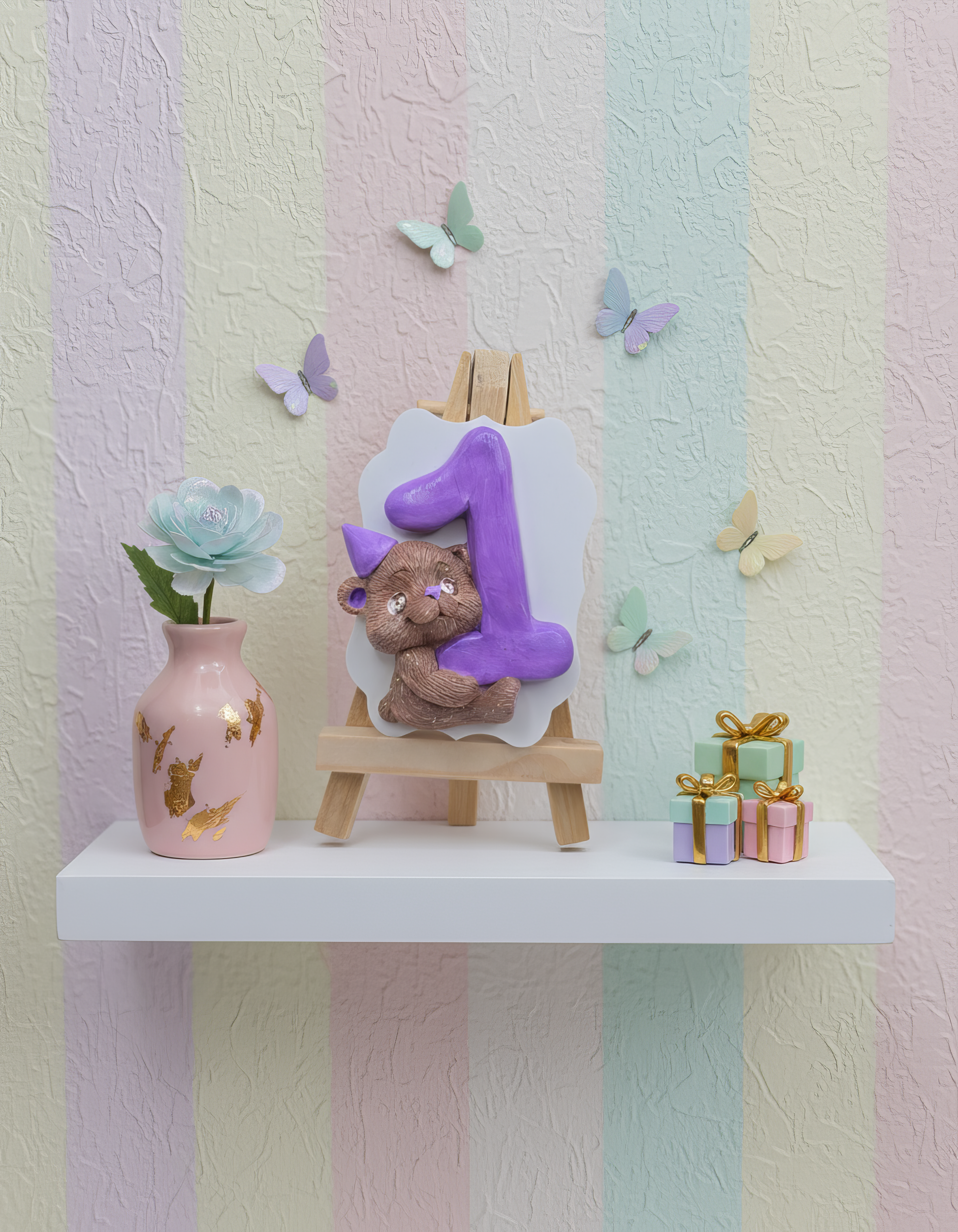 Mărturie ceramică ursuleț cu cifra 1 mov, aranjament 
aniversar sau baby shower