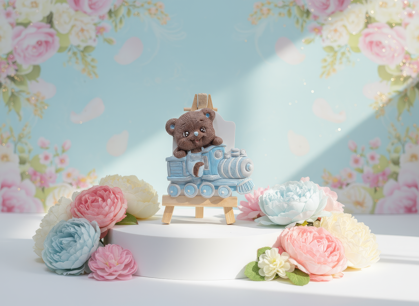 Figurină ceramică ursuleț cu trenuleț albastru, decor botez 
sau aniversare