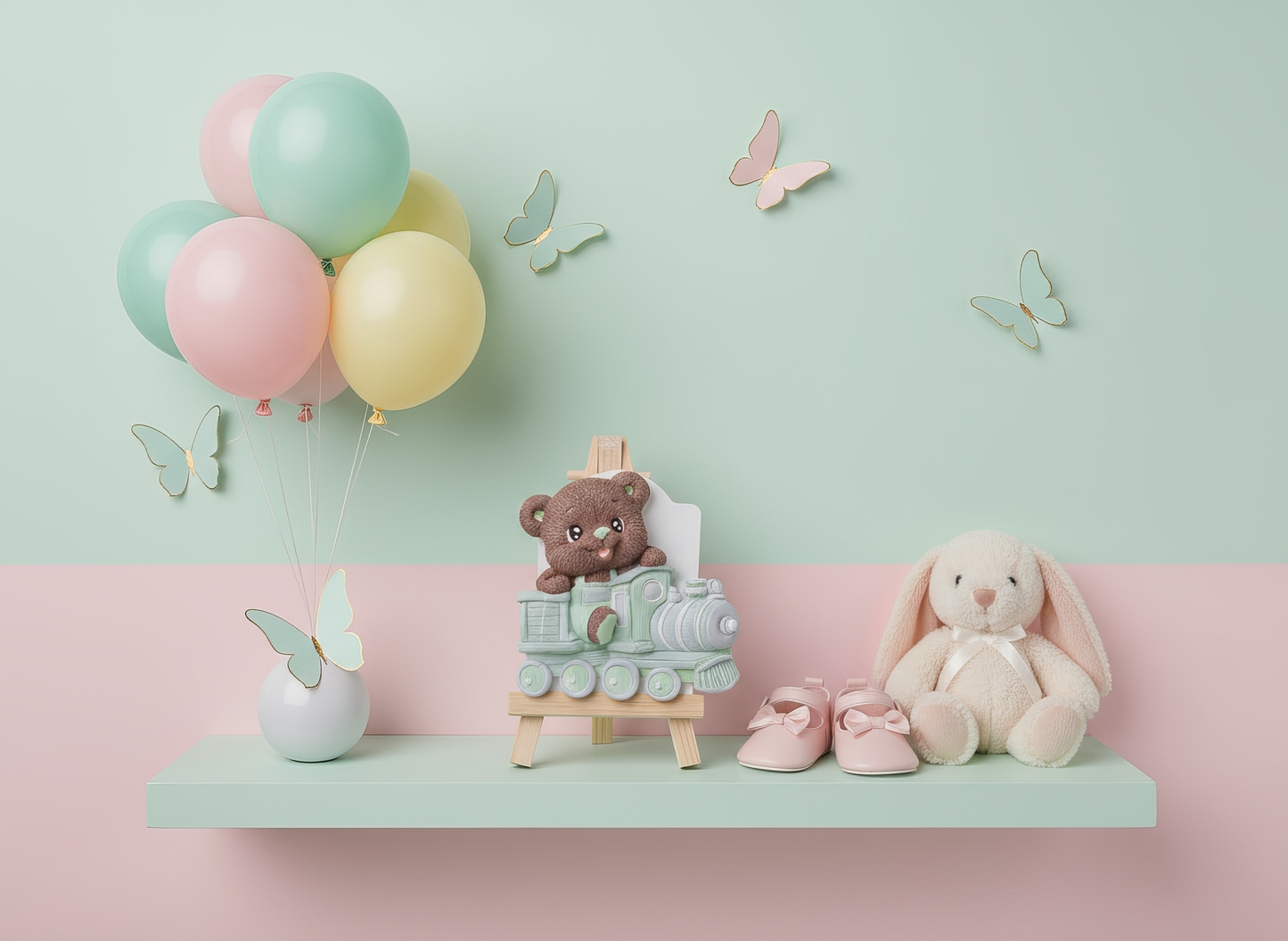 Mărturie ceramică ursuleț cu trenuleț verde, handmade, 
pictată manual