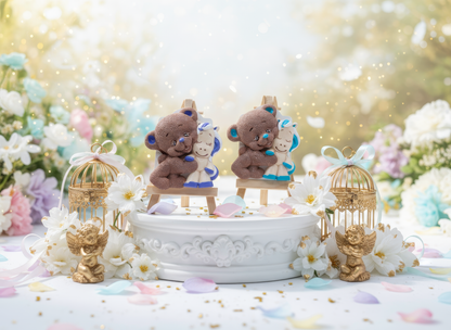 Magnet ceramic ursuleț cu unicorn, prezentare decorativă 
cu baloane și jucării