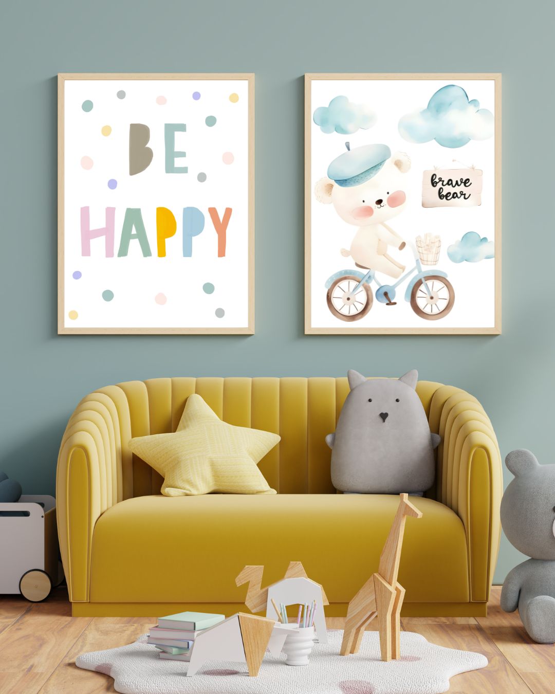 Set 2 Tablouri „Be Happy & Brave Bear" — print pe pânză Canva premium, rame incluse