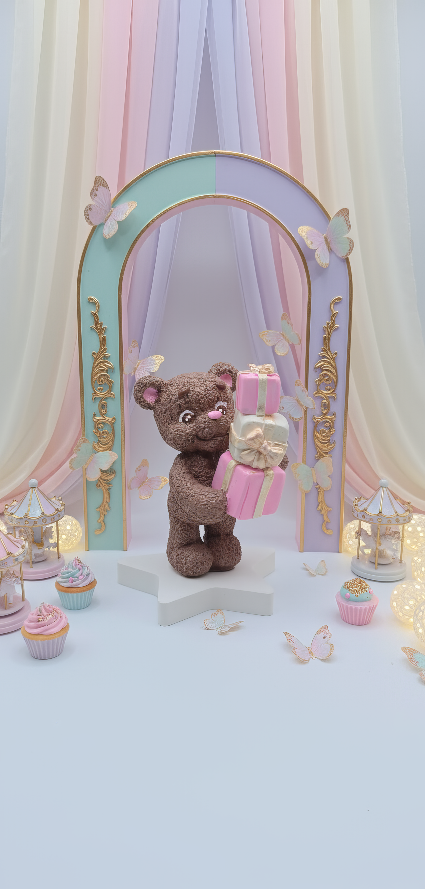 Teddy bear with pink gifts - handmade ceramic decorative figurine, gift box included