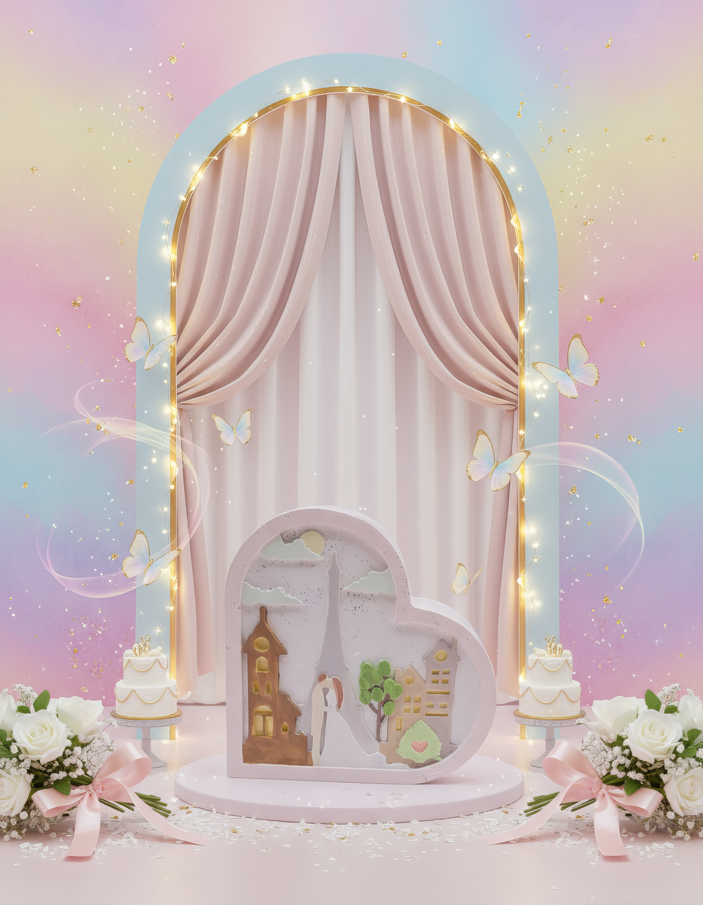 Mărturie nuntă decorativă - inimă Paris cu siluetă miri, obiect ceramic elegant handmade