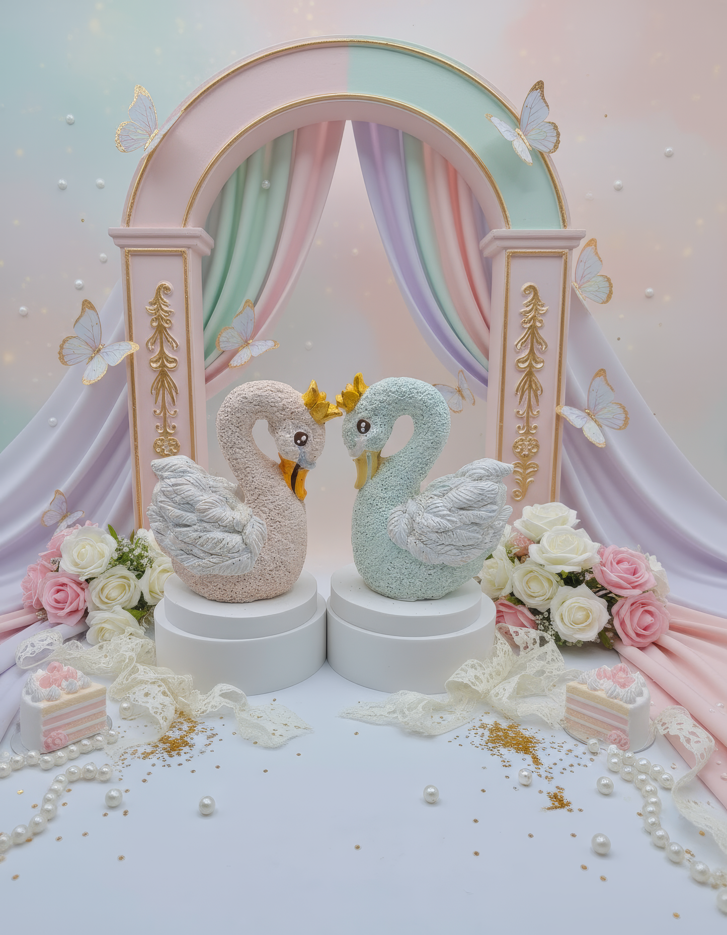 Mărturie nuntă — Figurină decorativă lebădă  cu coroană aurie, handmade