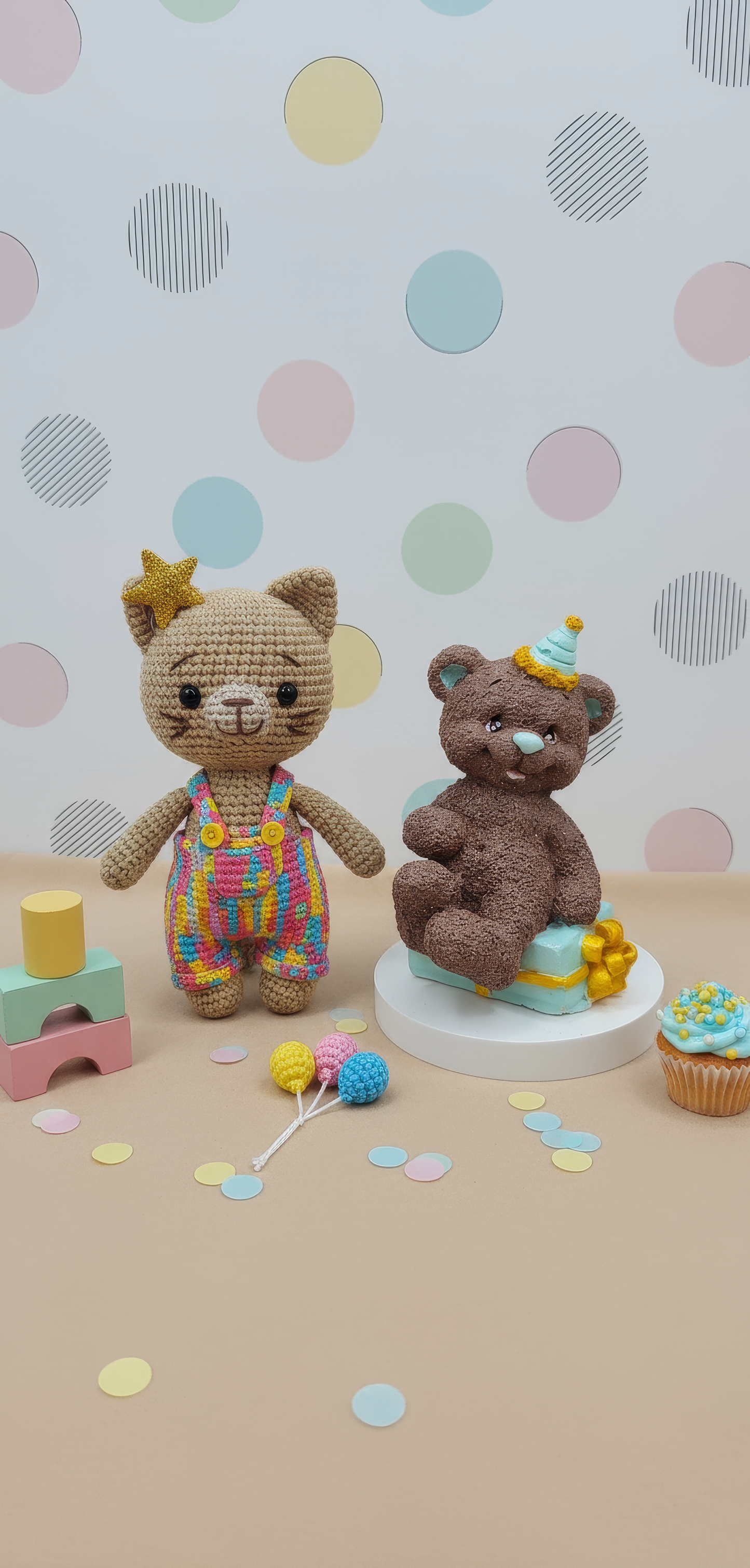 Ursuleț ceramic cu cadou și pălărie party - mărturie handmade, cutiuță inclusă