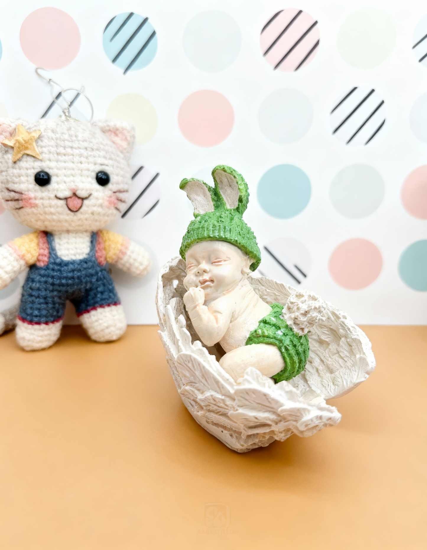 Baby on wings with bunny ears - handmade ceramic figurine, box included