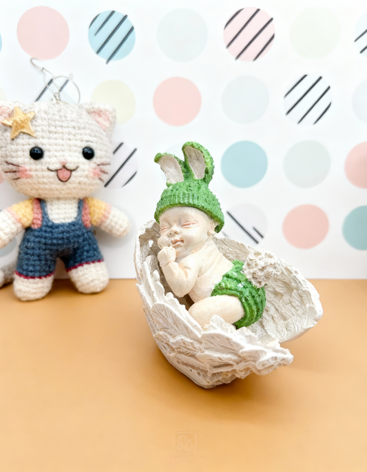 Baby on wings with bunny ears - handmade ceramic figurine, box included