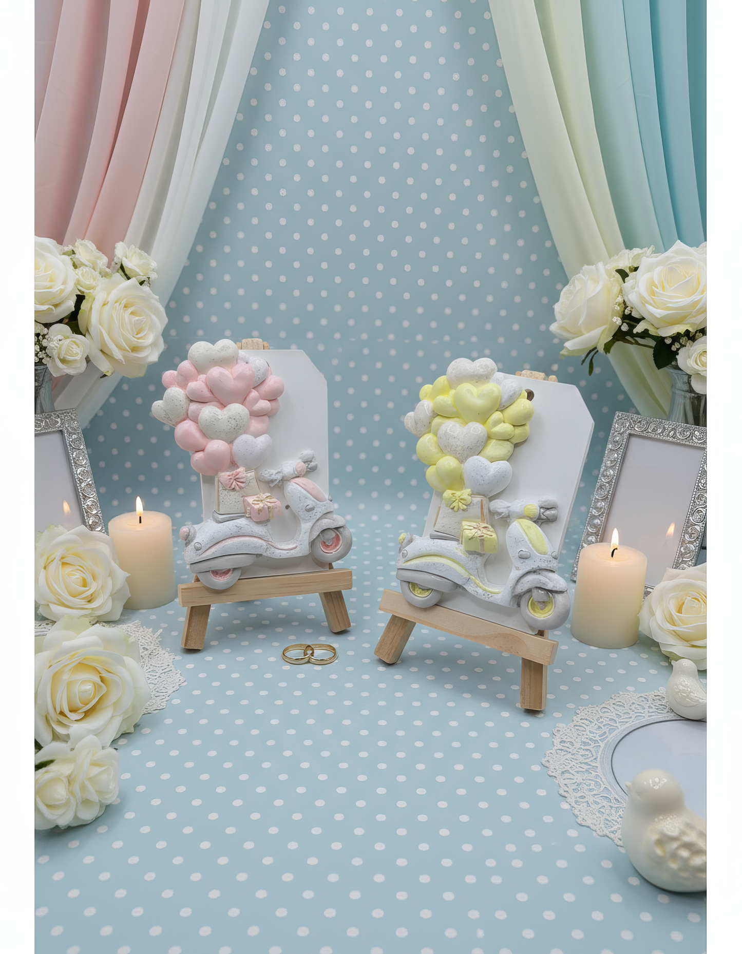 Mărturie nuntă romantică - magnet scooter cu baloane inimă handmade