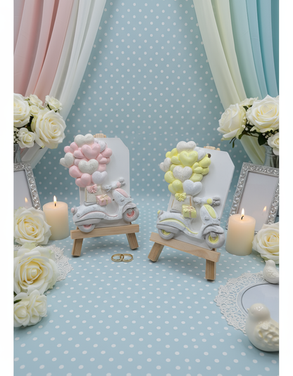 Mărturie nuntă romantică - magnet scooter cu baloane inimă handmade