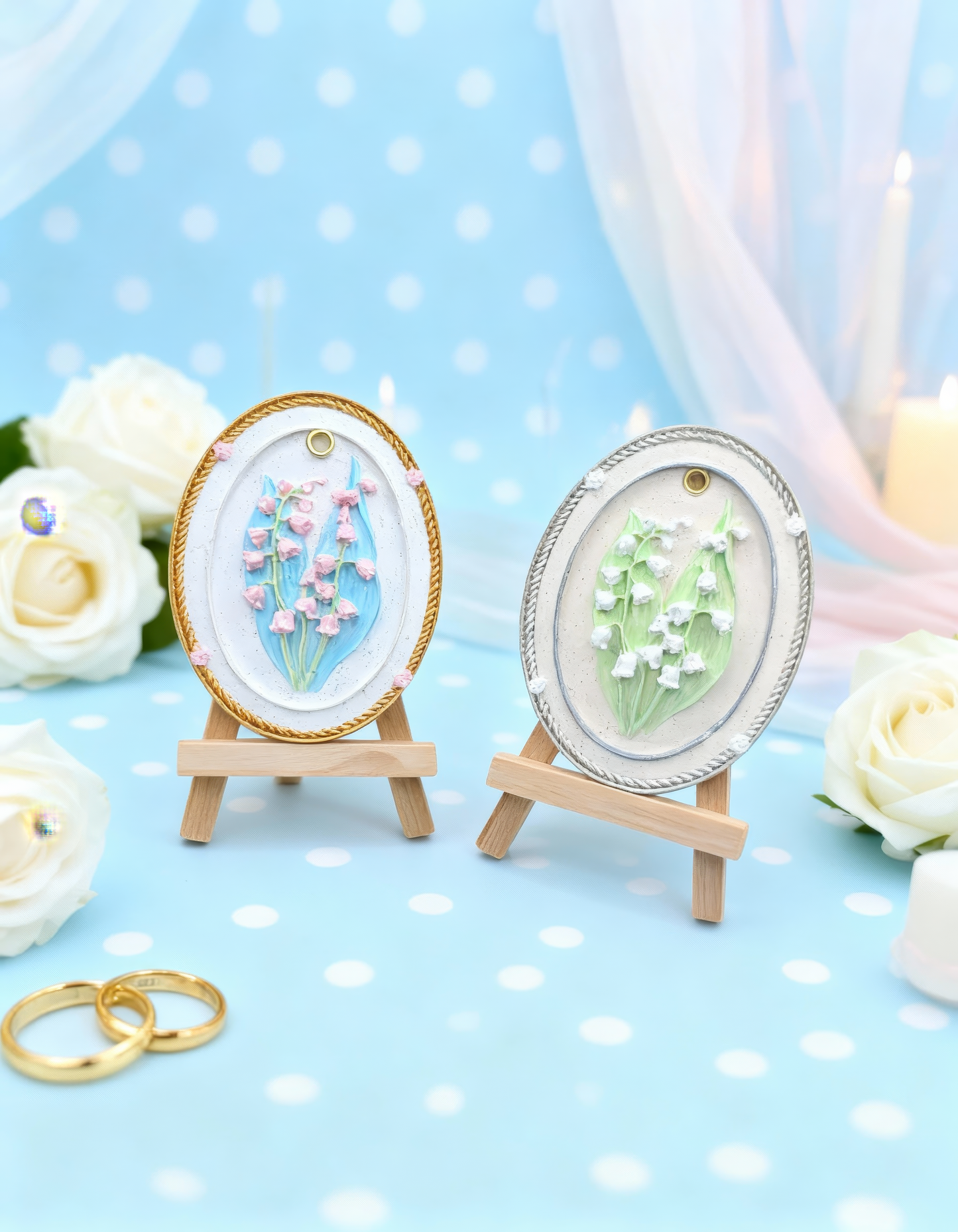 Mărturie nuntă elegantă - magnetel floral oval , handmade