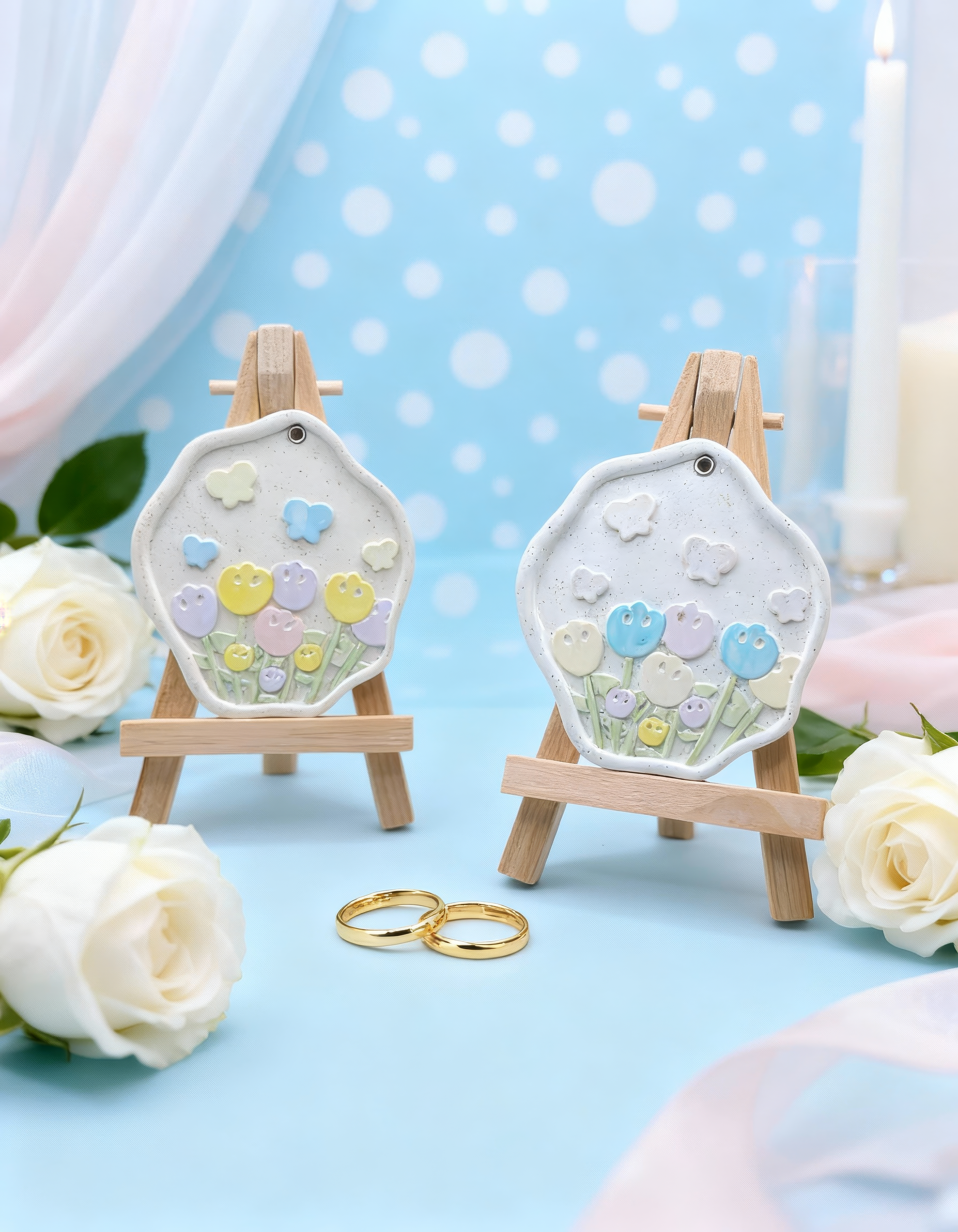 Mărturie nuntă florală pastelată - magnet handmade