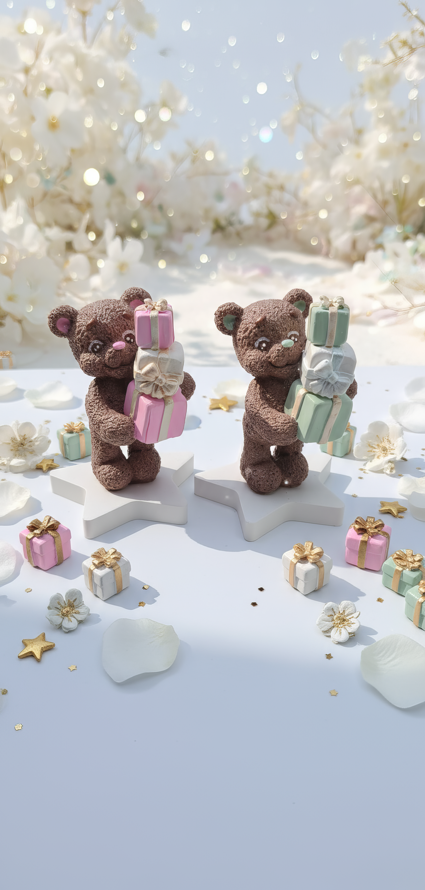 Teddy bear with pink gifts - handmade ceramic decorative figurine, gift box included