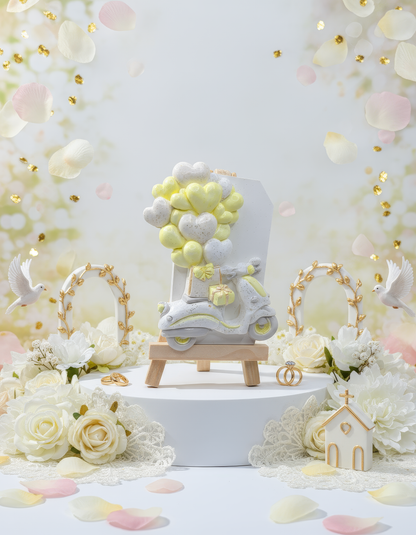 Mărturie nuntă romantică - magnet scooter cu baloane inimă handmade