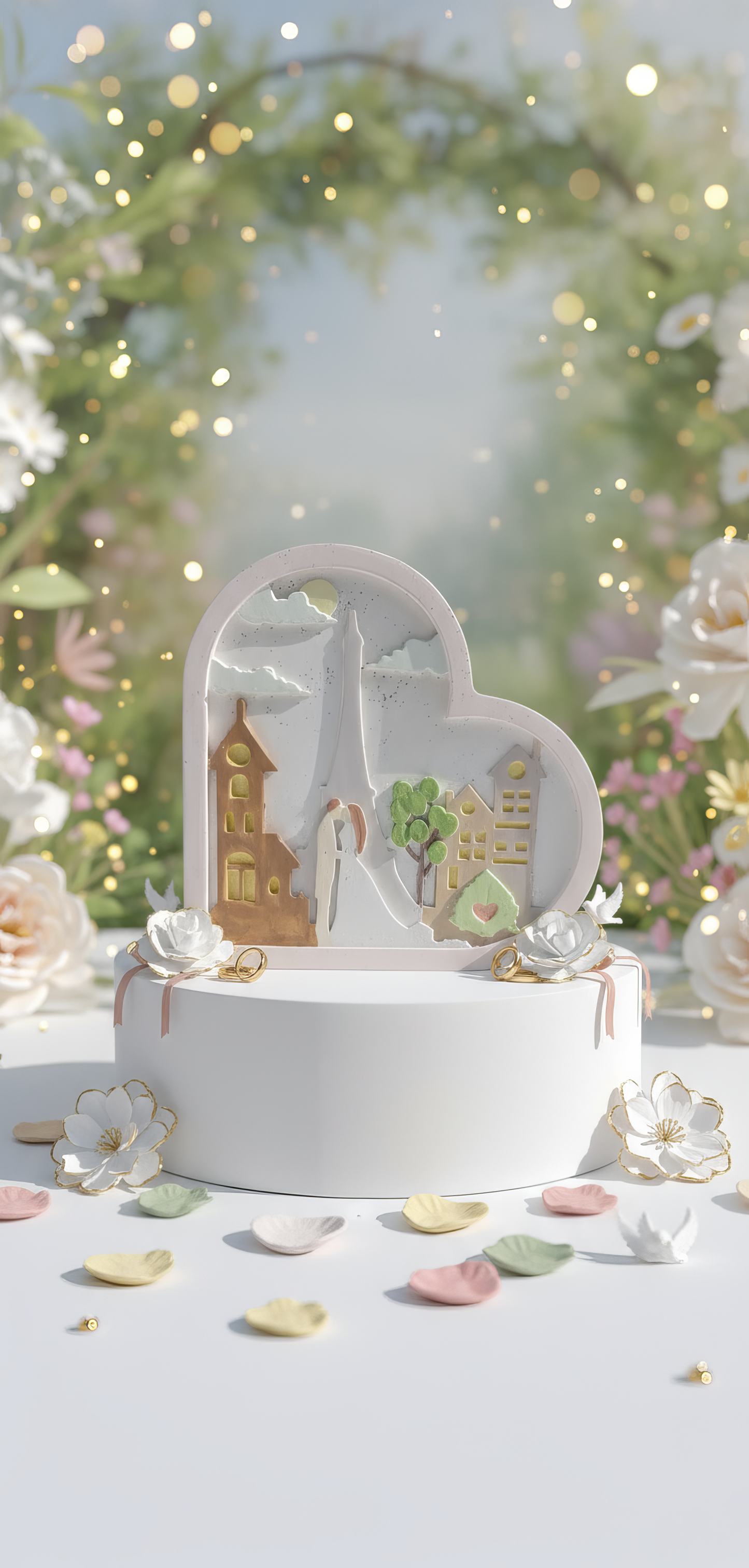 Mărturie nuntă decorativă - inimă Paris cu siluetă miri, obiect ceramic elegant handmade