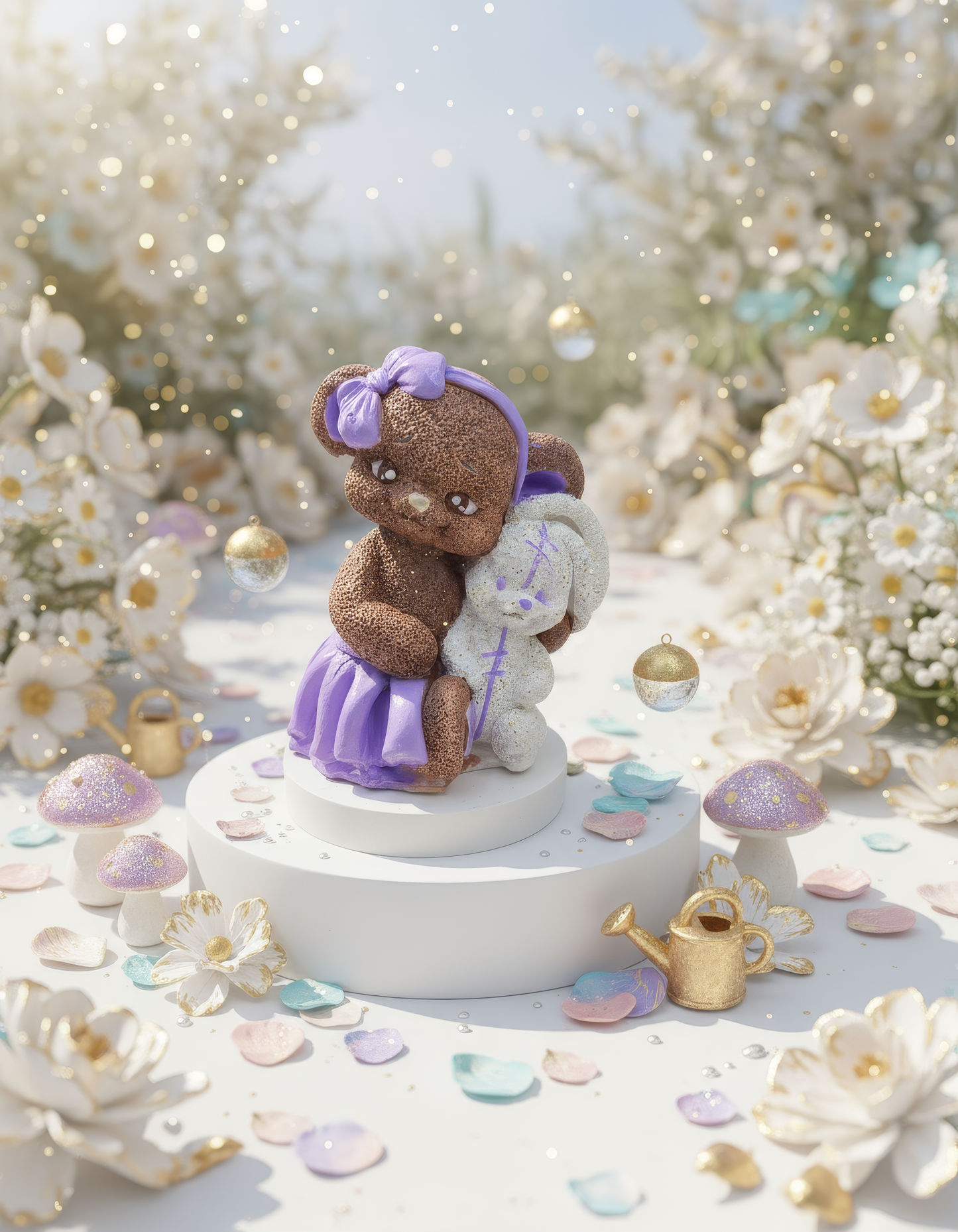 Ursuleț cu iepuraș în brațe - mărturie ceramică handmade, cutiuță inclusă