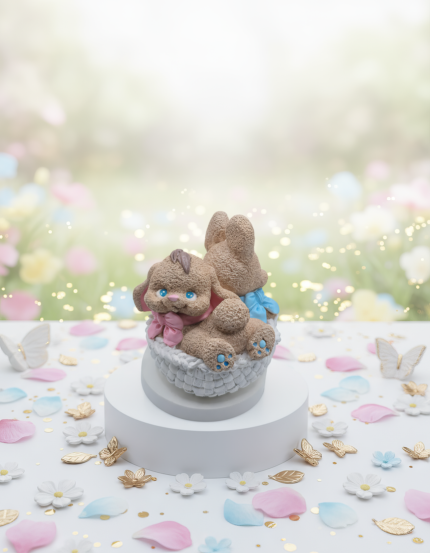 Iepurași în coș pentru gemeni sau frățiori - mărturie ceramică handmade, cutiuță inclusă