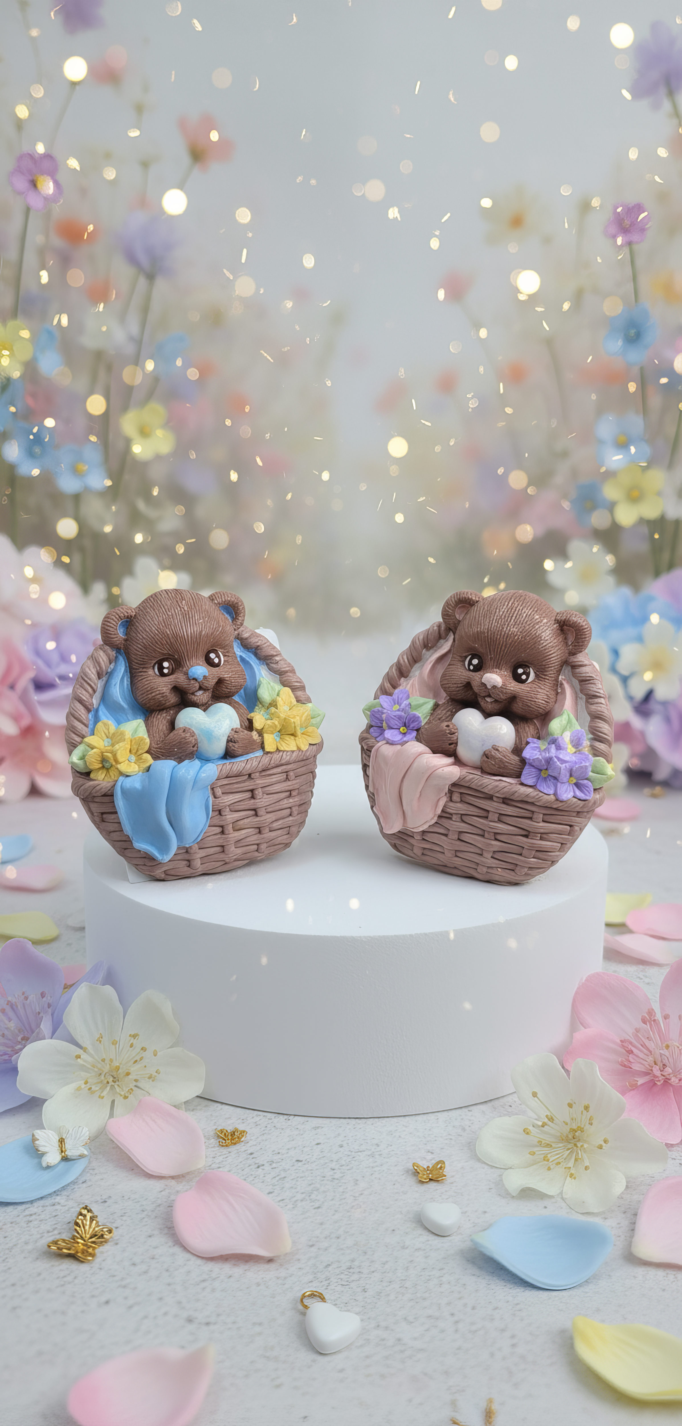 Ursuleț în coș cu inimioară - figurină decorativă și magnet  handmade, cutiuță inclusă