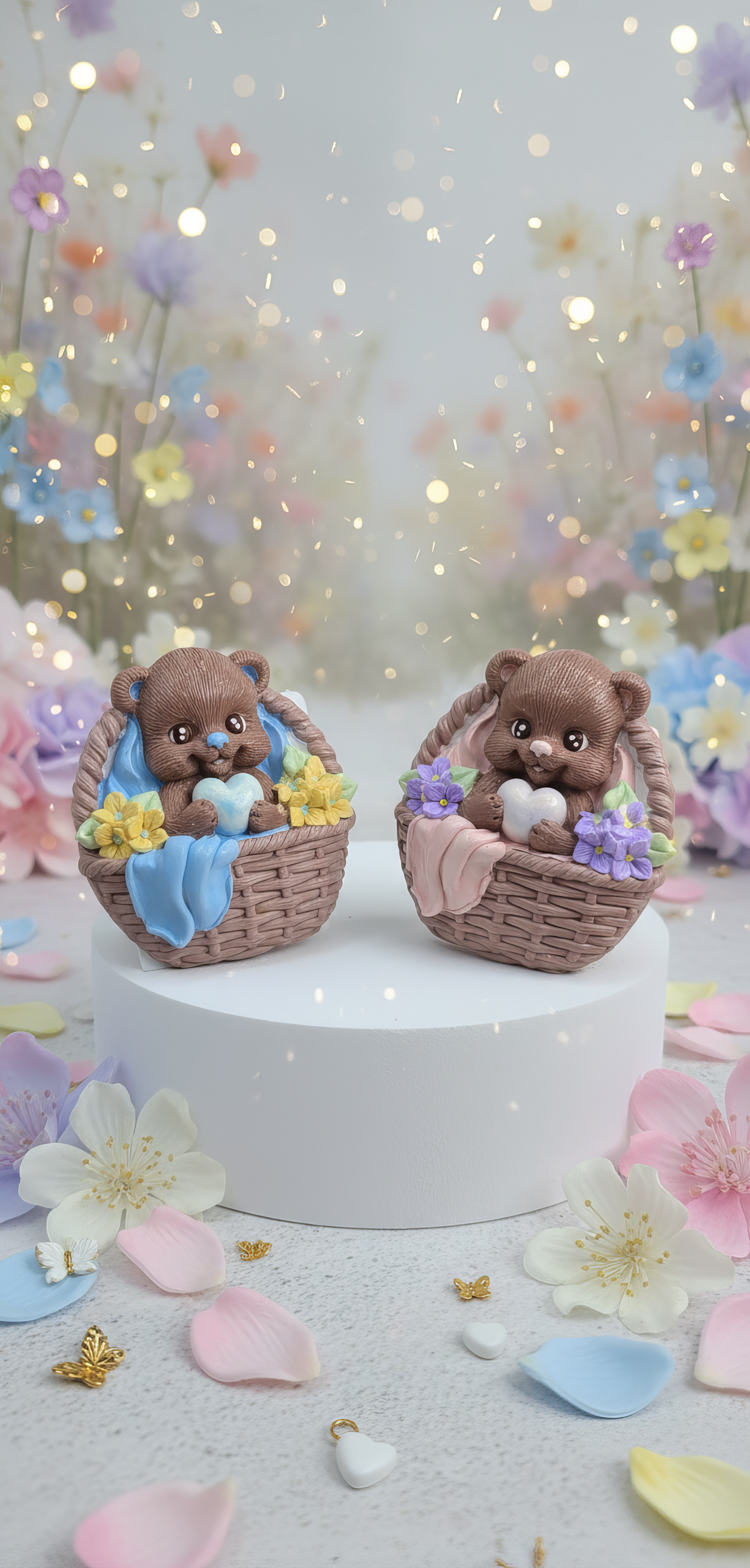 Ursuleț în coș cu inimioară - figurină decorativă și magnet  handmade, cutiuță inclusă