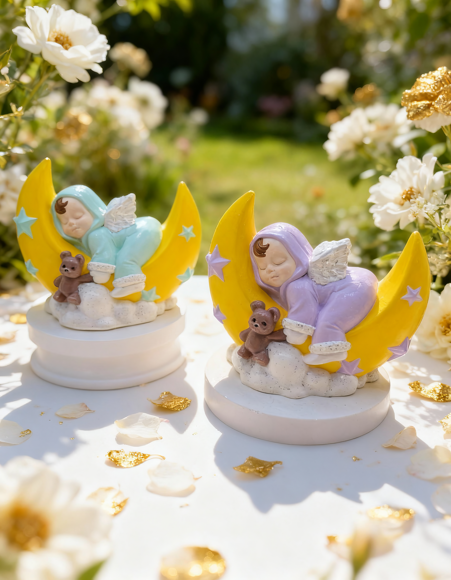 Îngeraș adormit pe lună cu ursuleț - figurină ceramică handmade, cutiuță inclusă