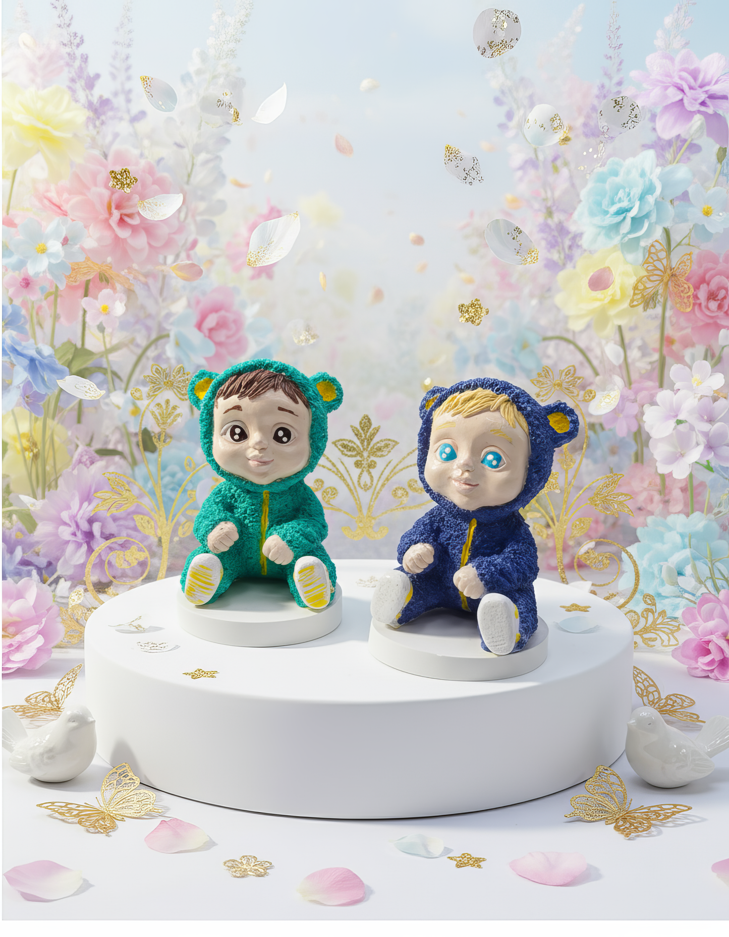 Bebeluș  în salopetă colorată - figurină ceramică handmade, cutiuță inclusă