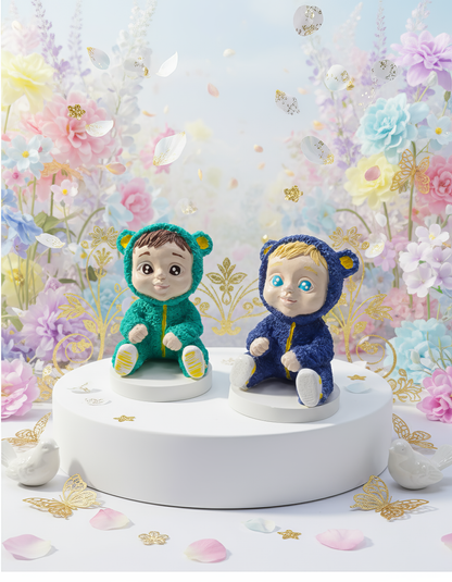 Bebeluș  în salopetă colorată - figurină ceramică handmade, cutiuță inclusă