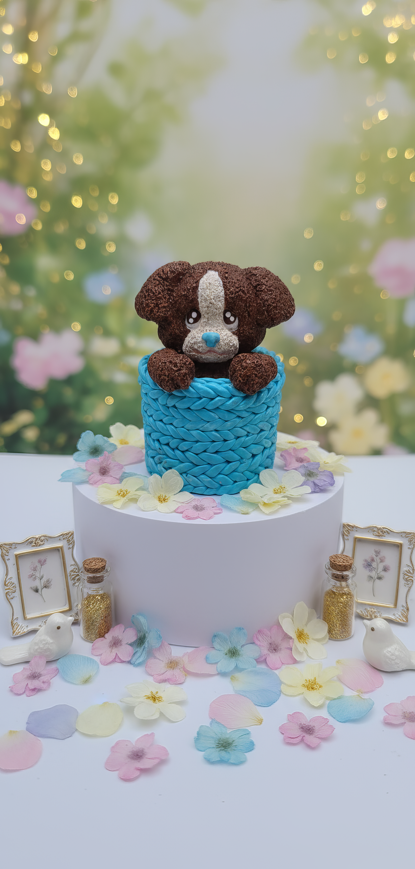 Cățeluș în coș texturat albastru - mărturie ceramică handmade, cutiuță inclusă