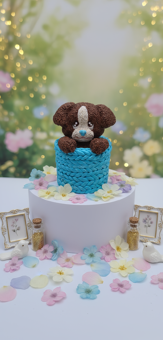 Cățeluș în coș texturat albastru - mărturie ceramică handmade, cutiuță inclusă