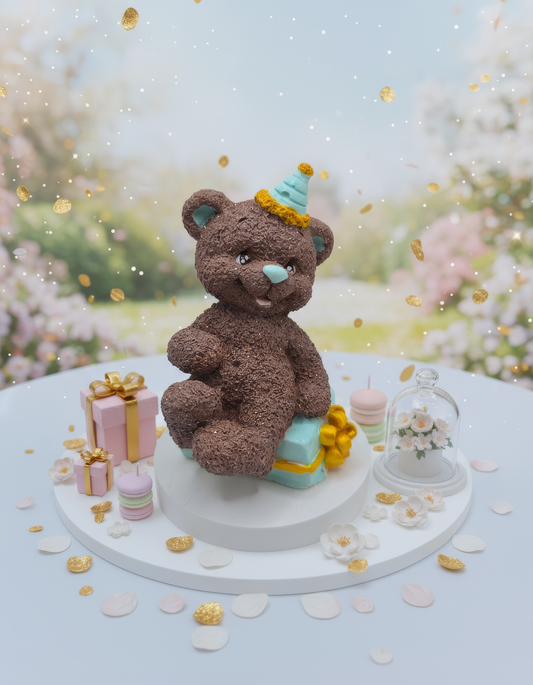 Ursuleț ceramic cu cadou și pălărie party - mărturie handmade, cutiuță inclusă