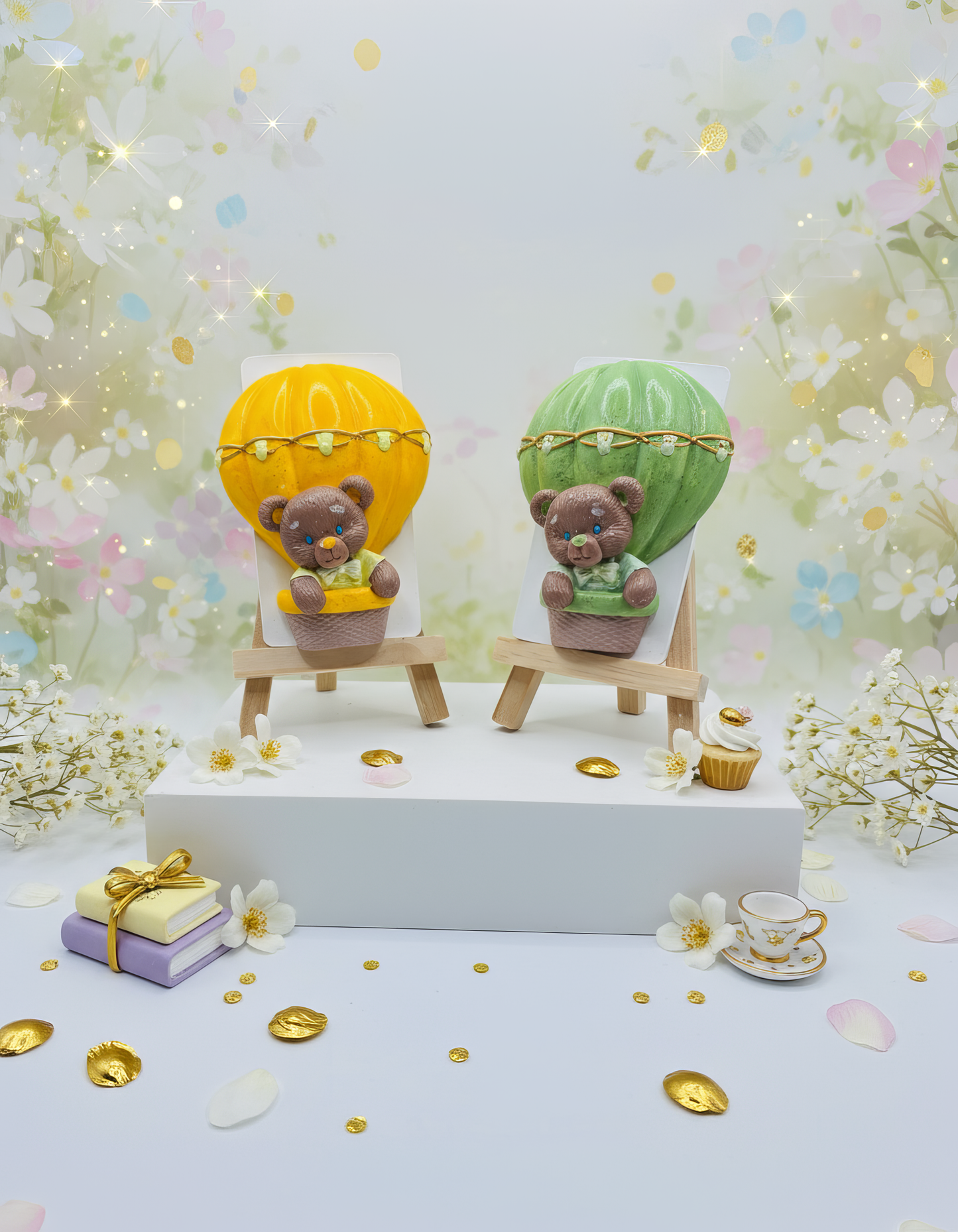 Magnet ceramic ursuleț în balon verde - mărturie handmade, ambalaj inclusă