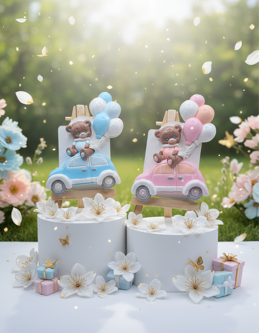 Ursuleț cu baloane în mașinuță colorată - magnet ceramic handmade, ambalaj cadou inclusă