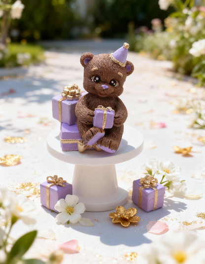 Ursuleț party cu cadou galben - mărturie ceramică handmade, cutiuță inclusă