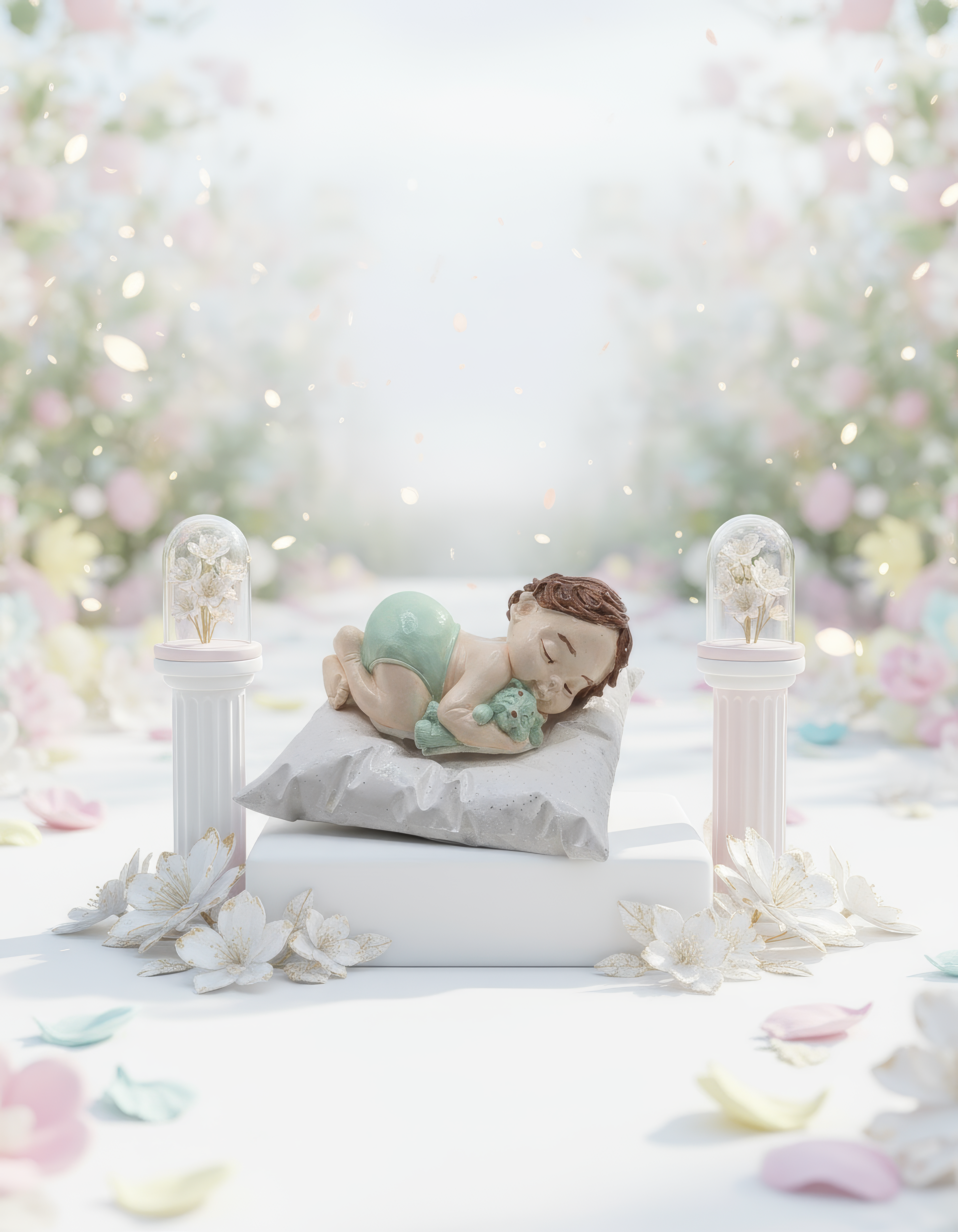 Bebe adormită pe pernă cu ursuleț - figurină ceramică handmade, cutiuță inclusă