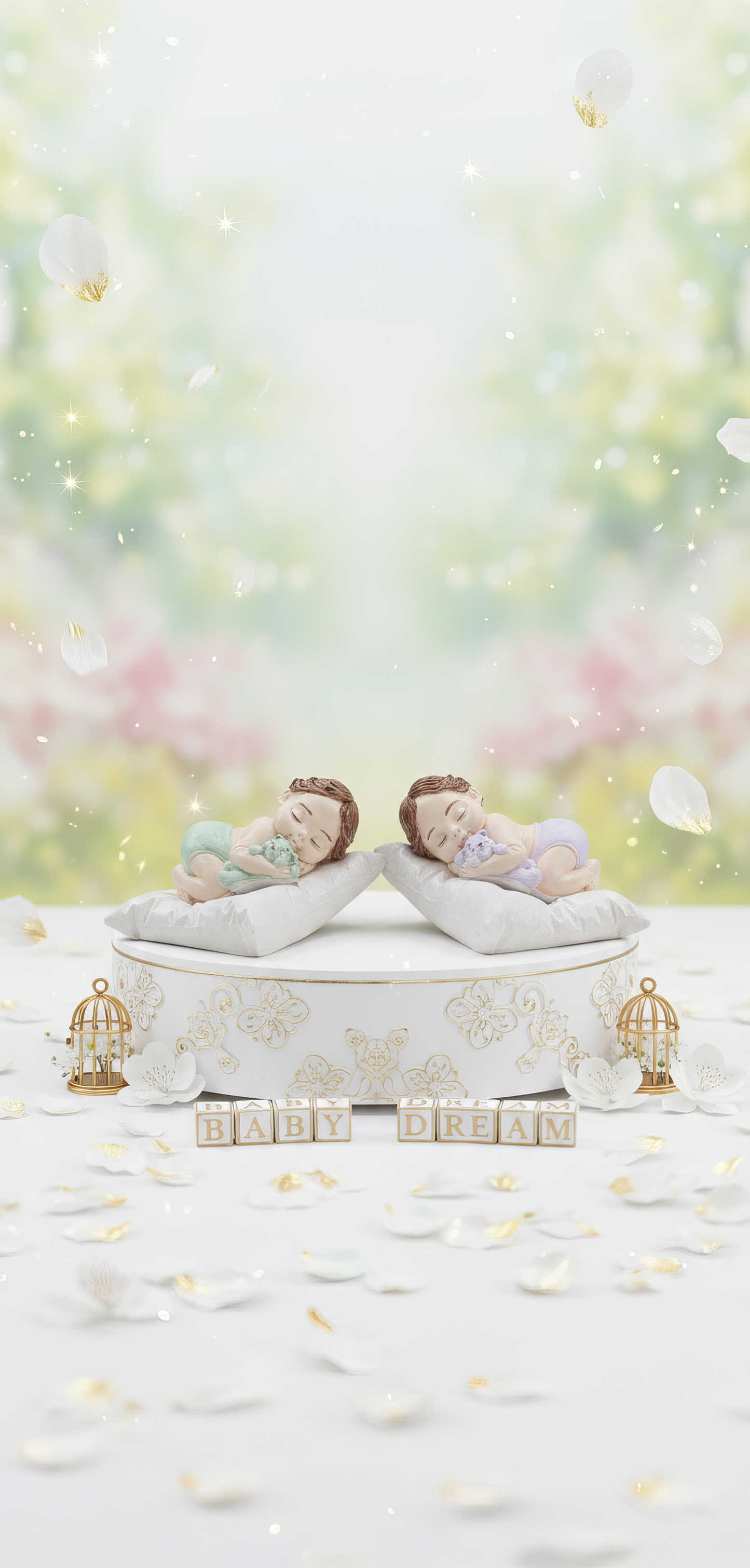 Bebe adormită pe pernă cu ursuleț - figurină ceramică handmade, cutiuță inclusă