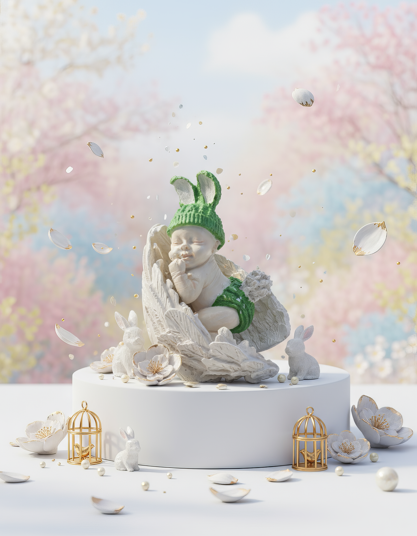 Baby on wings with bunny ears - handmade ceramic figurine, box included