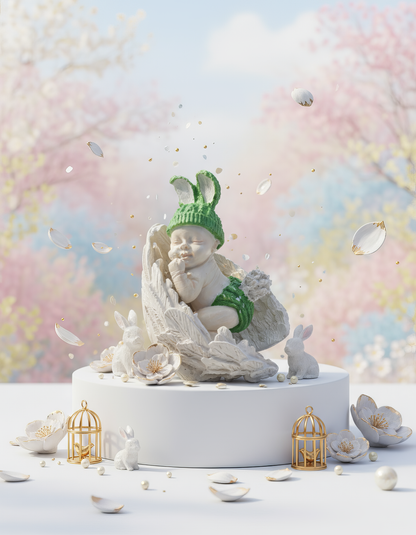 Baby on wings with bunny ears - handmade ceramic figurine, box included