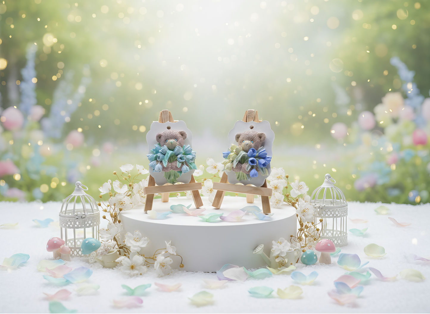 Teddy bear with blue bouquet - handmade ceramic testimony, scented with magnet