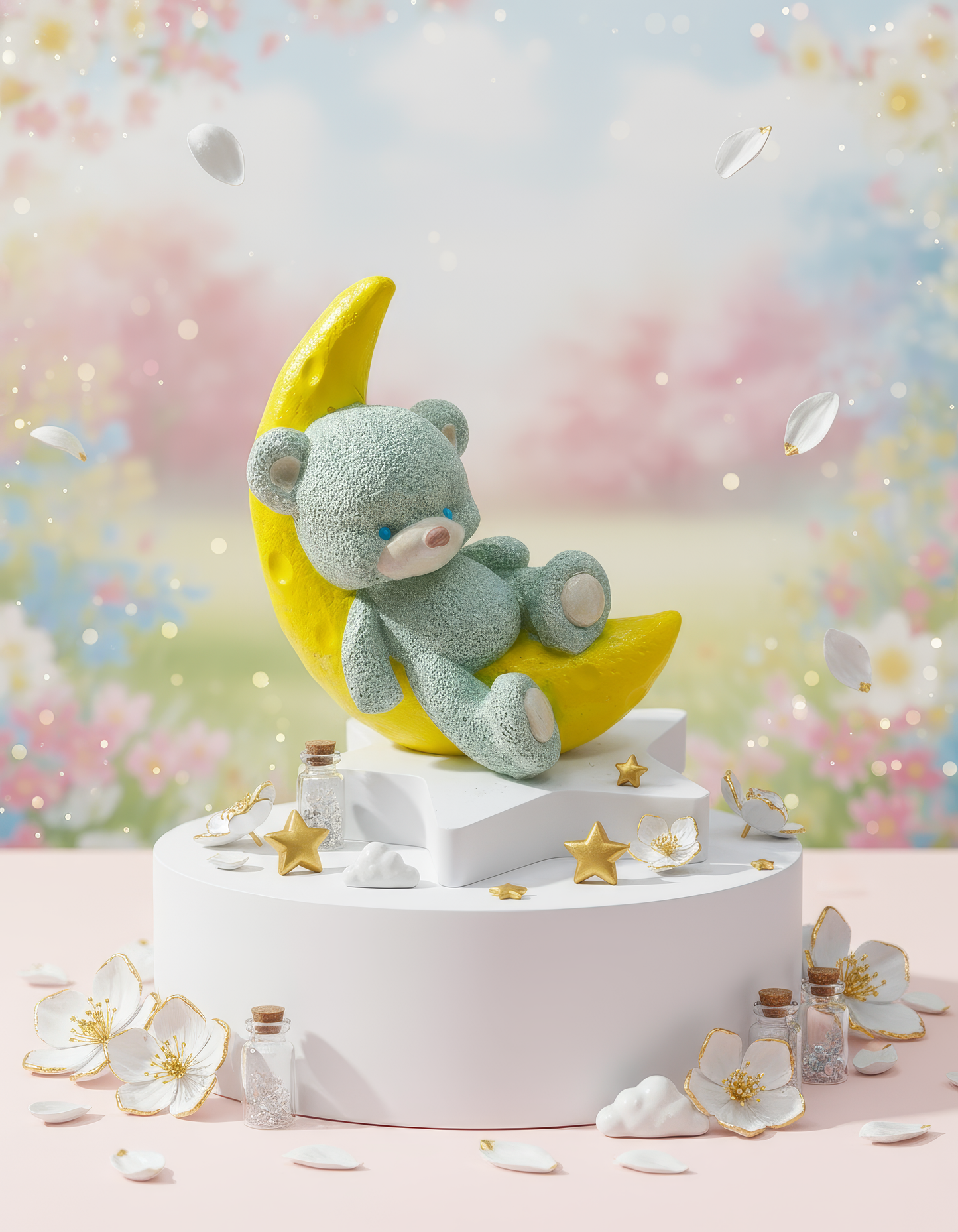 Ursuleț pe lună pastel - figurină ceramică handmade, cutiuță cadou inclusă