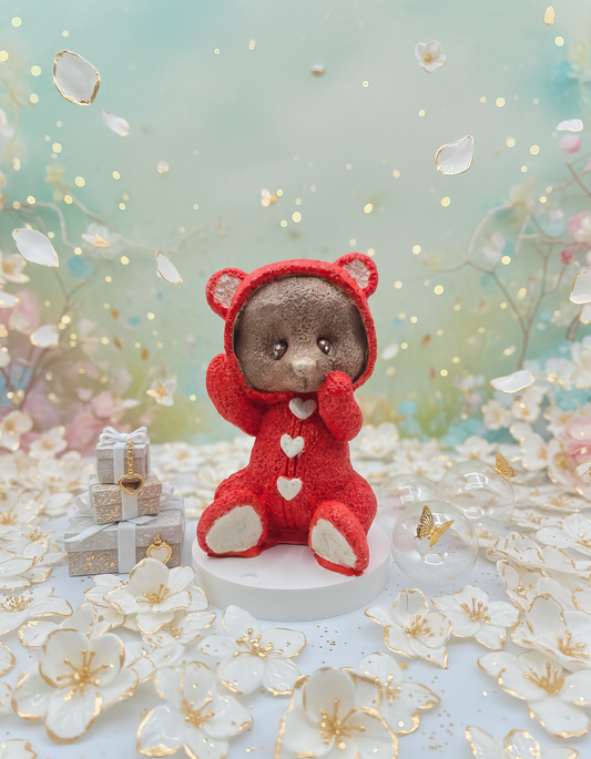 Teddy bear in a coat with a heart - handmade ceramic figurine, gift box included