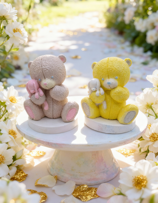 Pastel teddy bear with toy, handmade, hand-painted