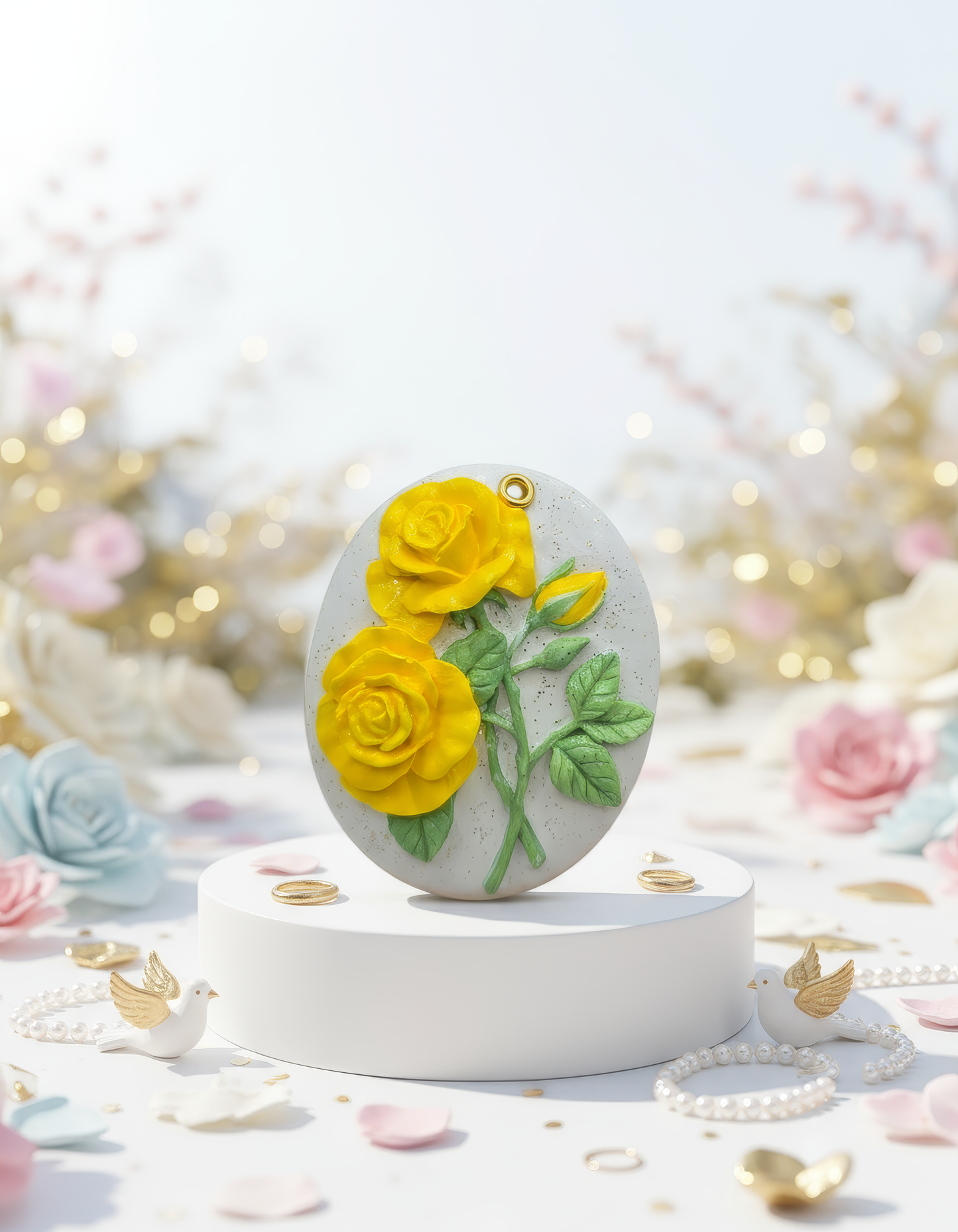 Scented oval floral ceramic air freshener - handmade ceramic with 1ml perfume bottle included