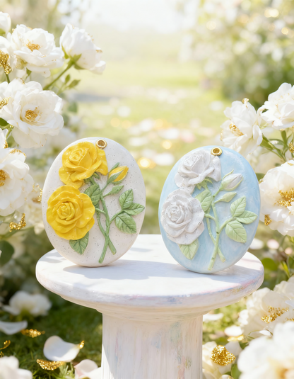 Scented oval floral ceramic air freshener - handmade ceramic with 1ml perfume bottle included