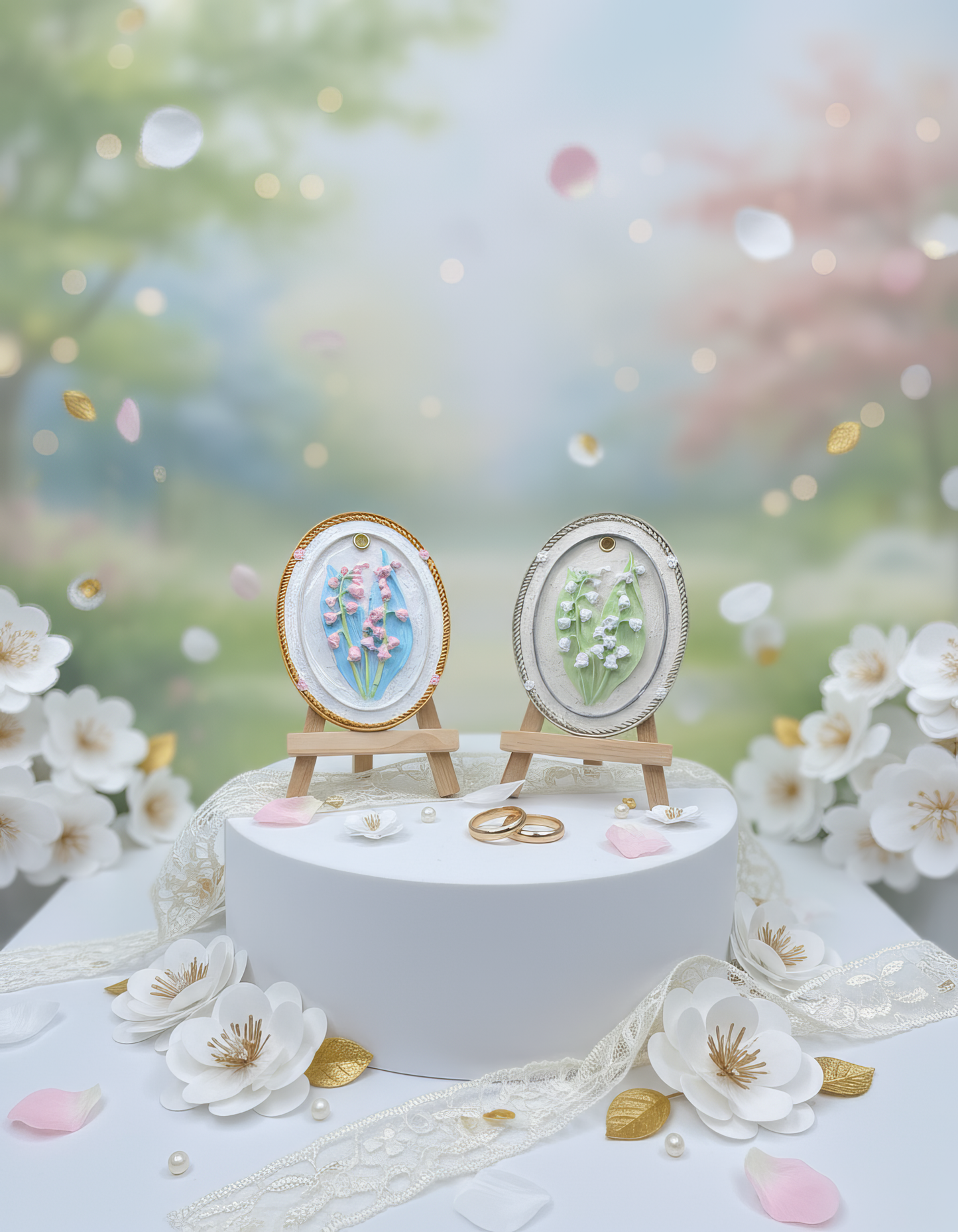 Mărturie nuntă elegantă - magnetel floral oval , handmade